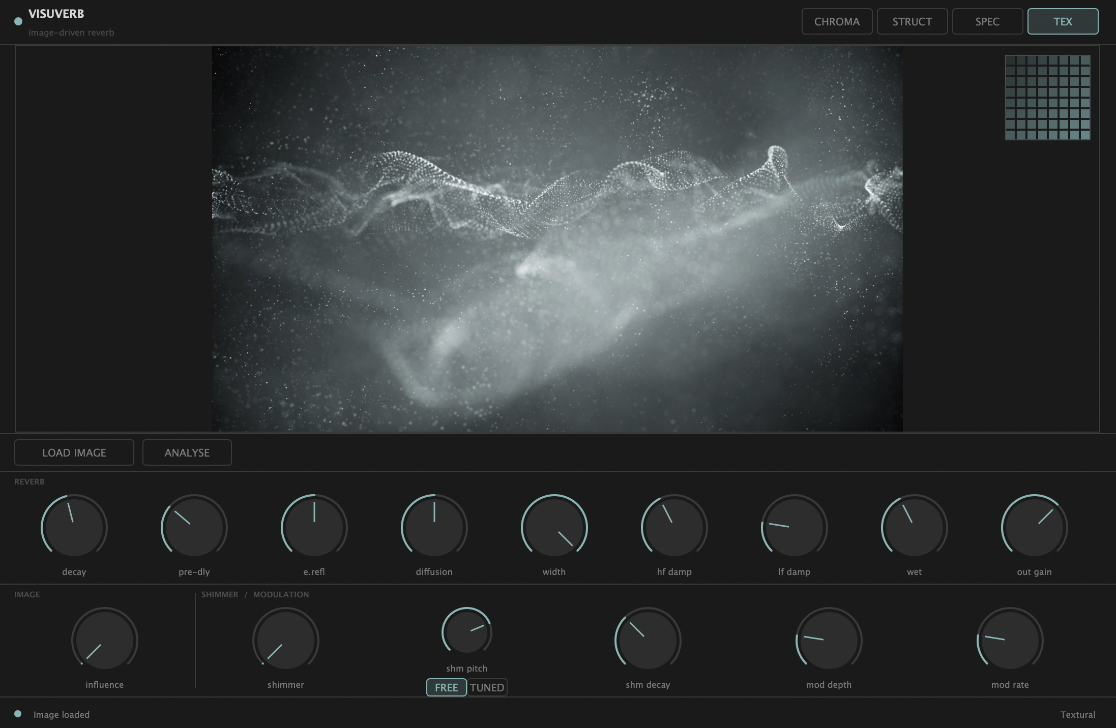 Visuverb — image-driven reverb plugin showing atmospheric image loaded in Textural mode