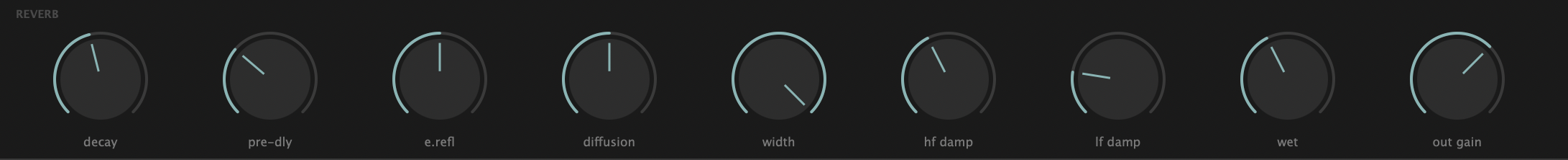 Visuverb reverb controls — decay, pre-dly, e.refl, diffusion, width, hf damp, lf damp, wet, out gain