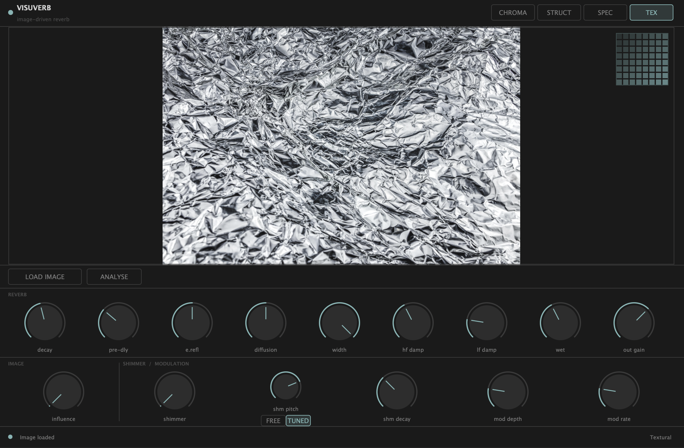 Visuverb in Textural mode with crumpled foil image loaded and analysis complete